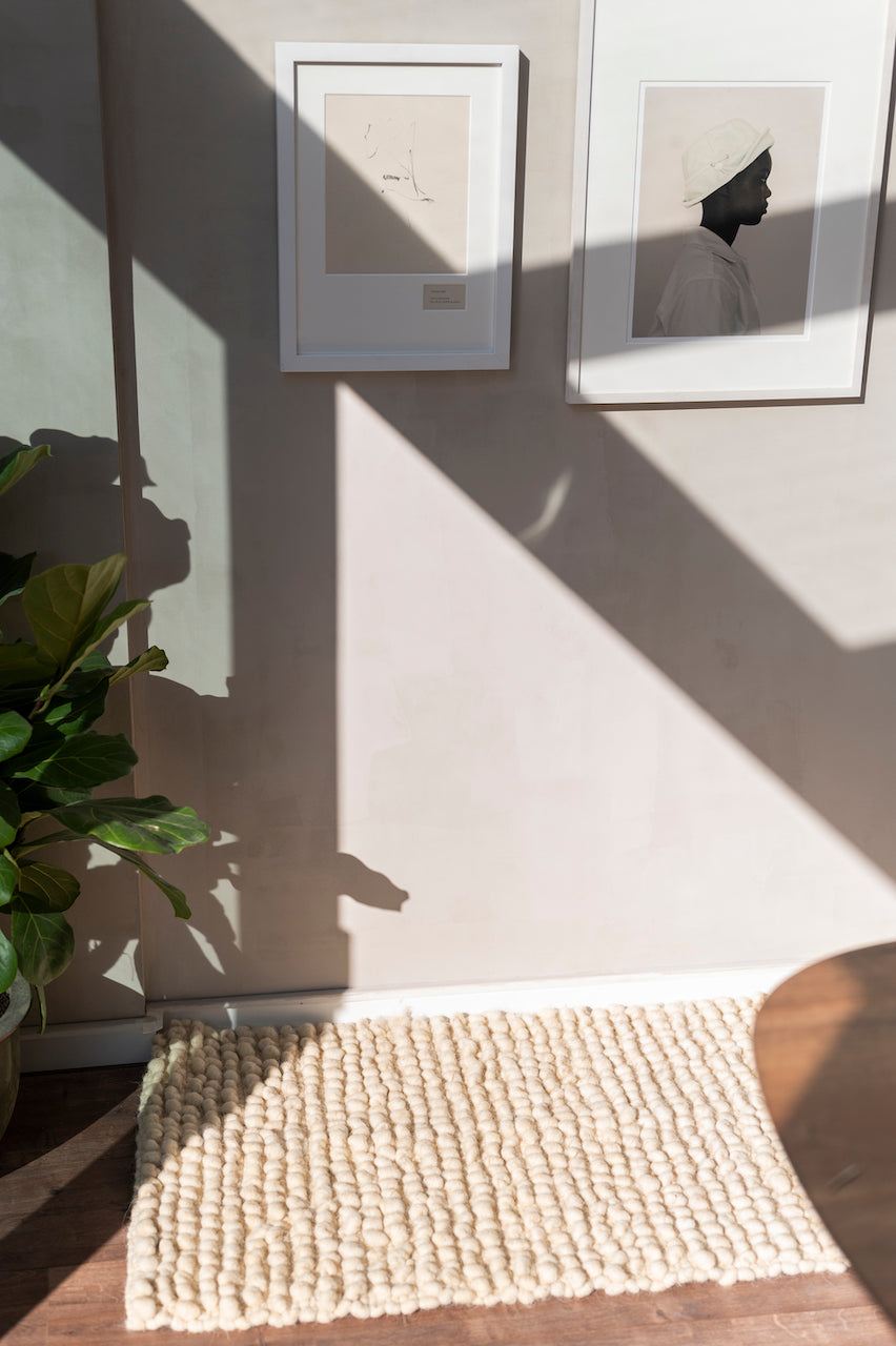 Tapis 100% en laine naturelle - écru, effet bouclé